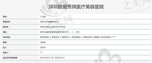 深圳鹏爱秀琪医疗美容医院资质