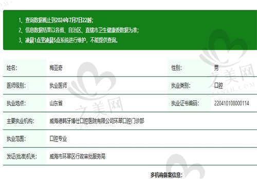 威海德韩牙博仕口腔医院梅亚奇医生资质正规