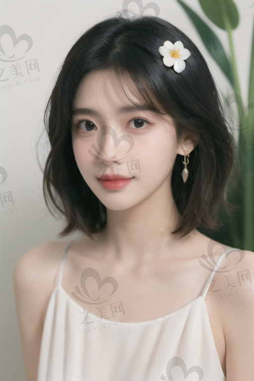 00154-2799298470-1girl,solo,black_hair,short_hair,kind_smile,jewelry,realistic,earrings,hair_ornament,black_eyes,lips,collarbone,flower,watermark.png